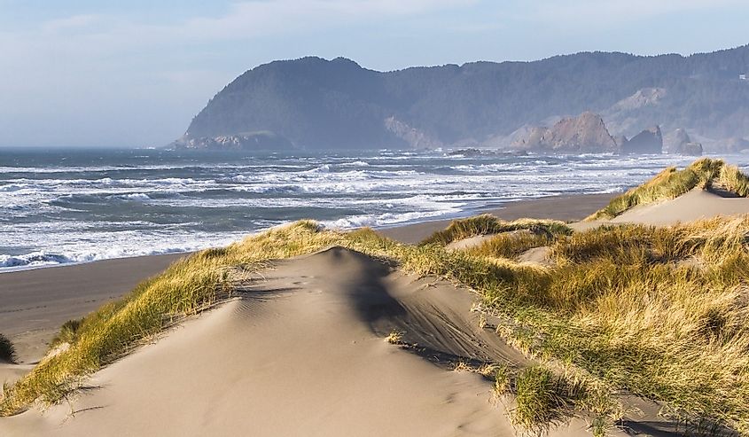 Beautiful landscape from the grassy sand dunes at Pistol River Oregon