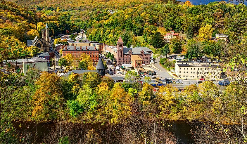 Aerial view of Jim Thorpe, Pennsylvania, in autumn.