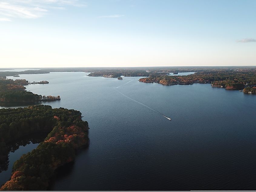 Aerial view of Lake Gaston and surrounding forests.