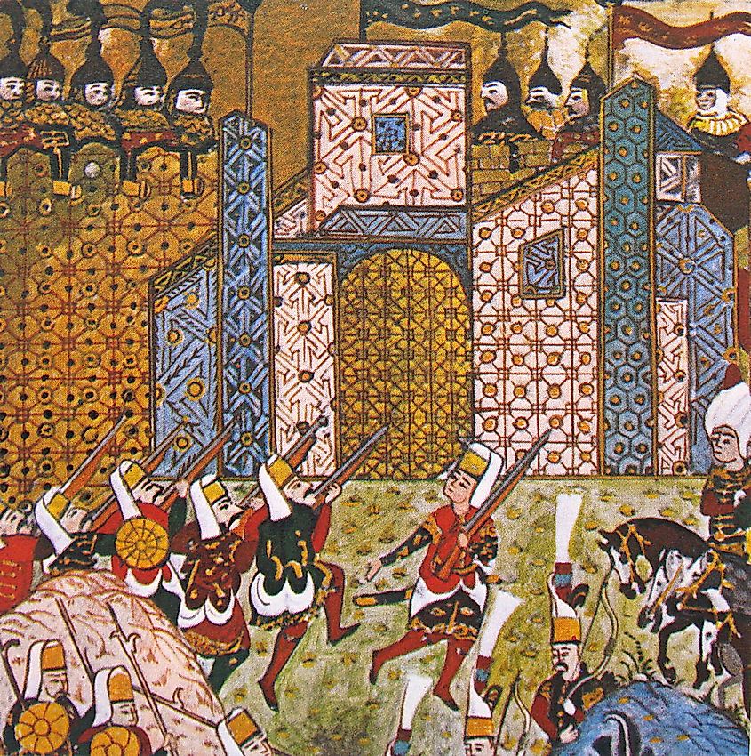 An illustration of Janissaries in battle.