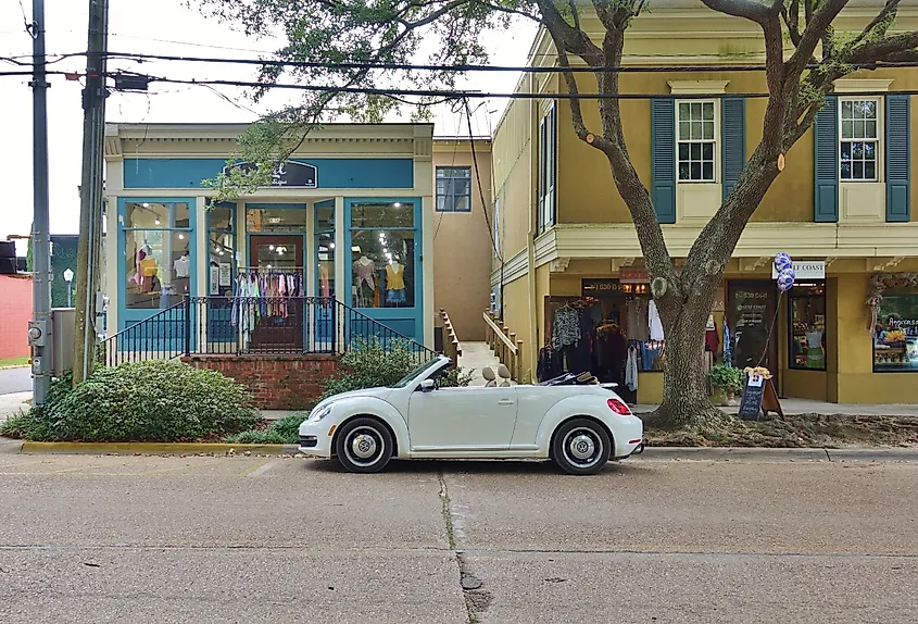 A downtown street in Ocean Springs, Mississippi.
