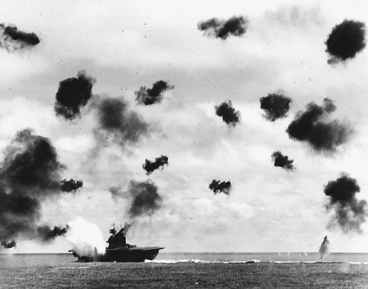 The USS Yorktown under Japanese air attack during the Battle of Midway in 1942.