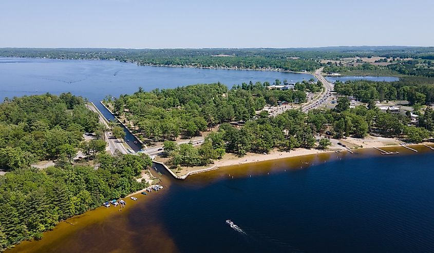 Aerial view of Lake Mitchell and Lake Cadillac near the town of Cadillac, Michigan.