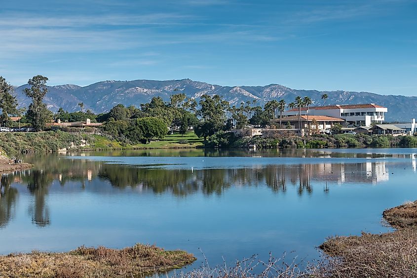 University California Santa Barbara. Marine Biotech Lab, technology and operations facilities seen from behind Campus Lagoon, via Claudine Van Massenhove / Shutterstock.com