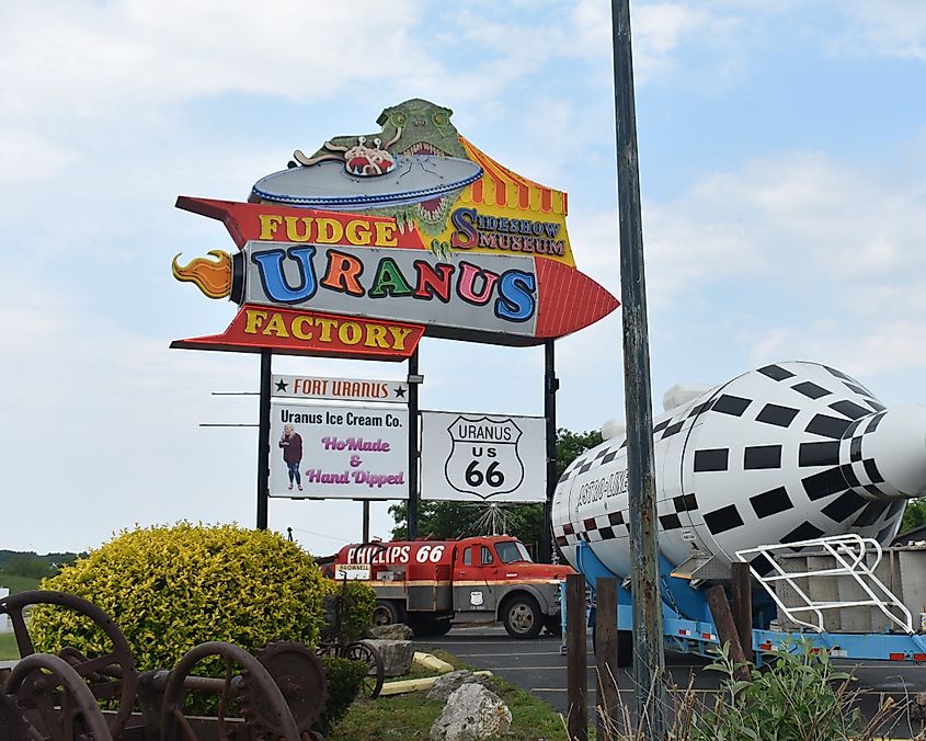 The famous Uranus Fudge Factory sign in Uranus, Missouri.