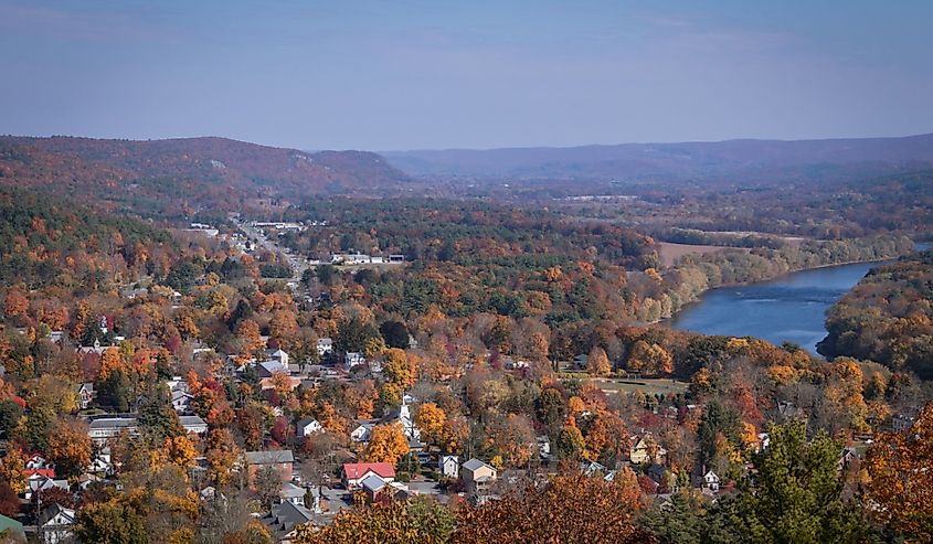 Aerial view of Milford, PA, and the Delaware River from scenic overlook on a sunny fall day