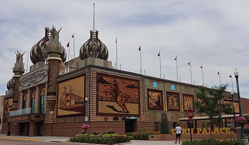 The Corn Palace, partially decorated in July 2020, seen from North Main Street in Mitchell, South Dakota, United States