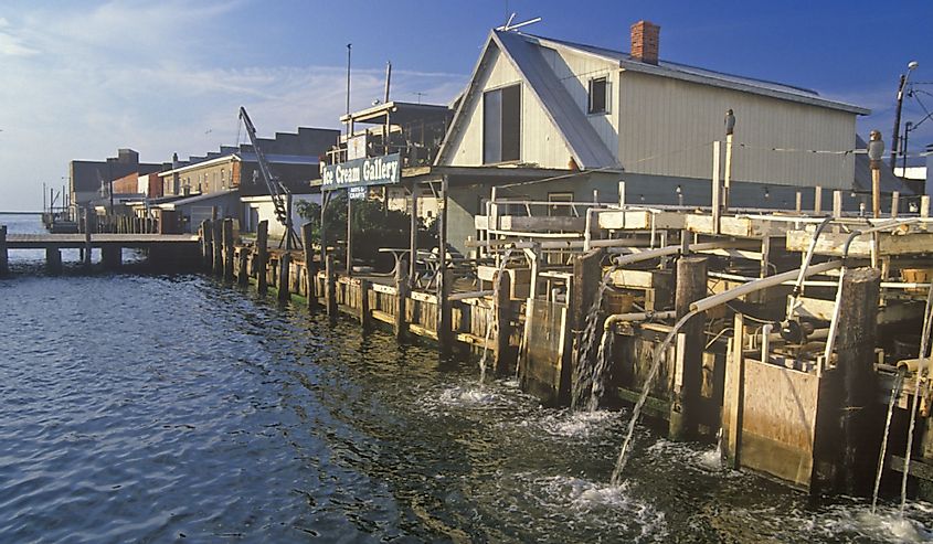 Water pumping into the harbor in Crisfield, Maryland