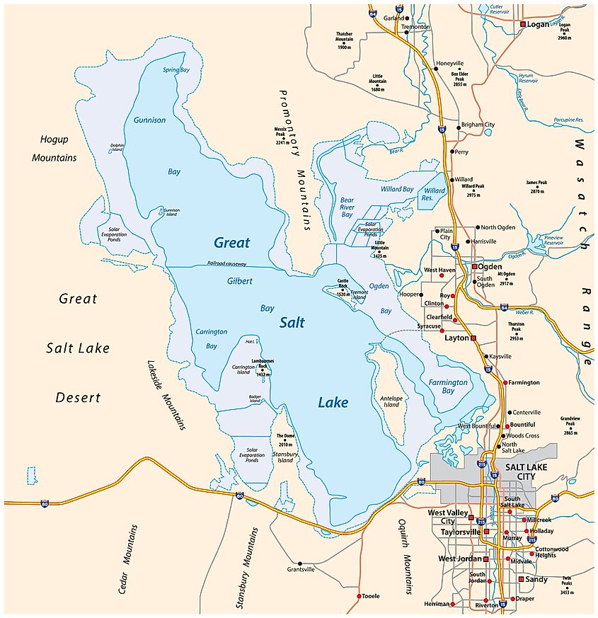 Map of the great salt lake and salt lake city in the state of utah