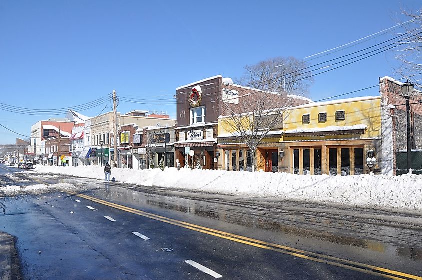The main streets of the Huntington village shopping district after a blizzard in Huntington, New York