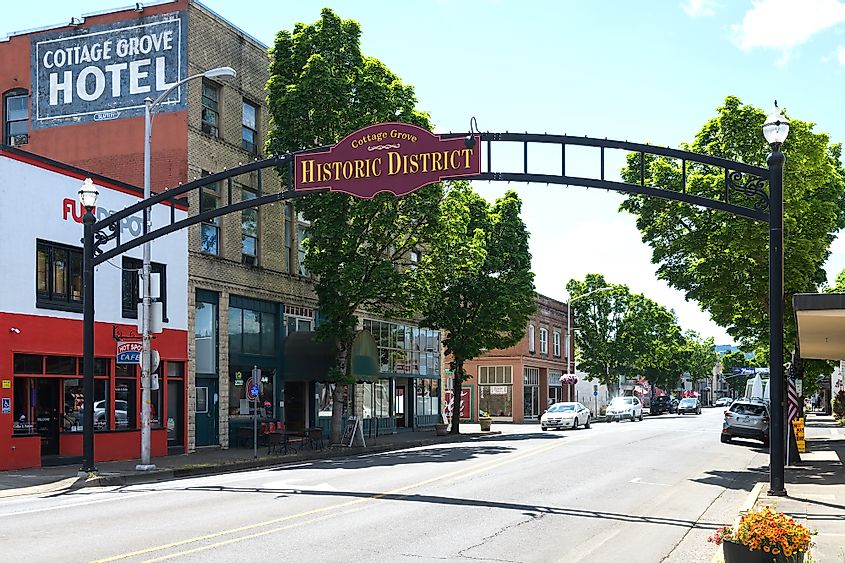 Arched sign across East Main Street in Cottage Grove Historic District, Oregon.
