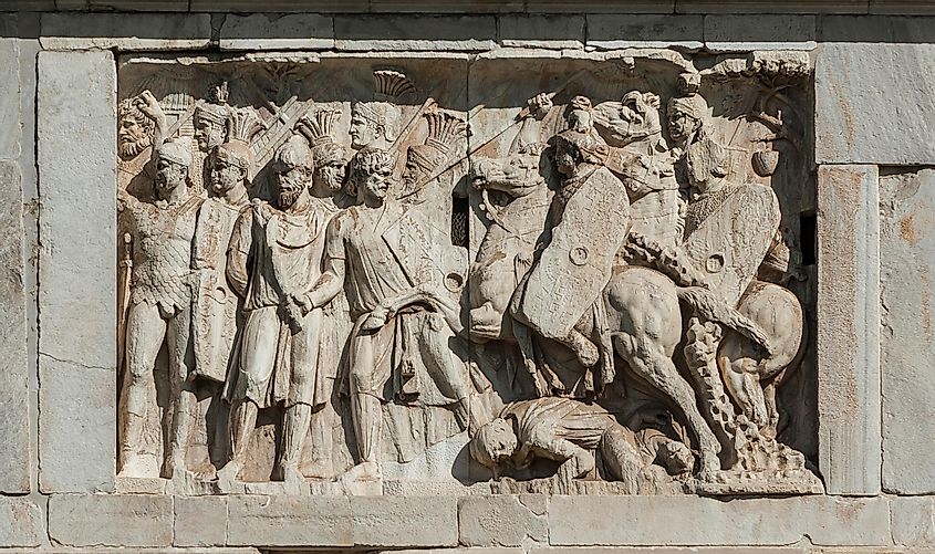 Relief of a battle scene between roman legion and barbarian, from Arch of Constantine marble panel, in the center of Rome