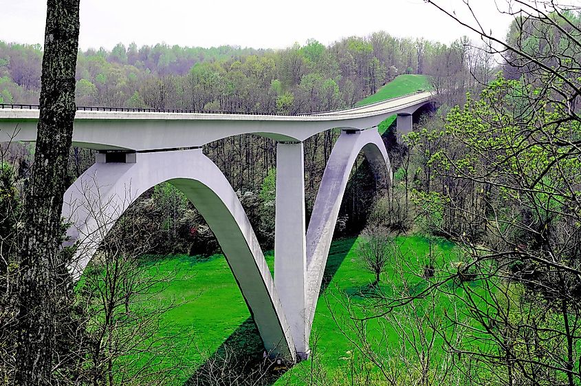 The Natchez Trace Parkway Bridge in Tennessee spans Birdsong Hollow, and was the country's first segmentally constructed concrete arch bridge.