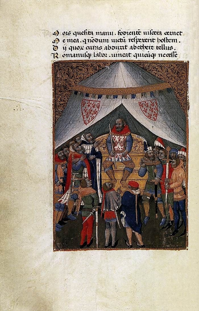 An anachronistic 14th-century miniature by Niccolò da Bologna showing Caesar, the victor over Pompey at the Battle of Pharsalus