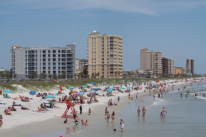Crowds enjoying Jacksonville Beach on a weekend.