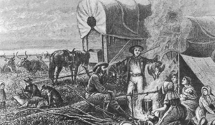 llustration from the textbook Modern History, published in the Russia shows American settlers, circa 2008