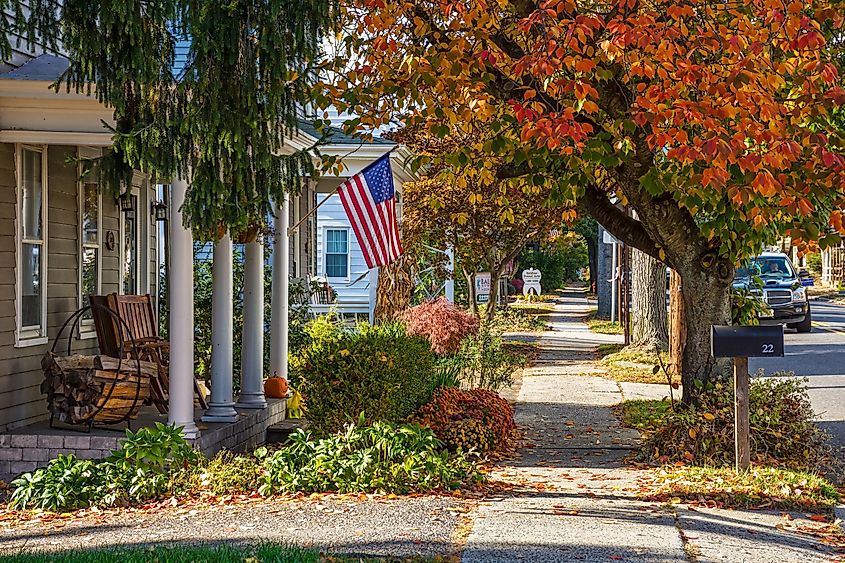 Looking down the block of this quiet neighborhood during Autumn in Allentown, New Jersey.