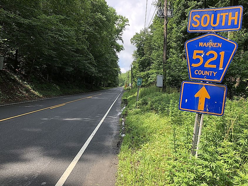 View south along Warren County Route 521 (Hope-Blairstown Road) just south of New Jersey State Route 94 in Blairstown Township, Warren County, New Jersey