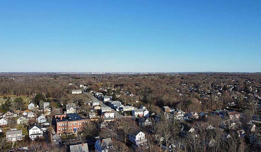 Drone aerial view of townscape of Warren, Rhode Island
