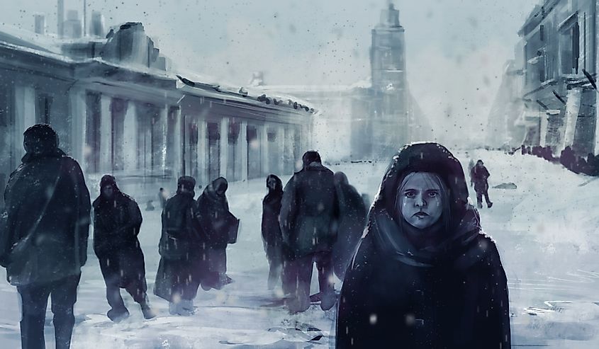 Illustration of a starving child on a front and people walking on winter streets of Leningrad siege during The Great Patriotic War.
