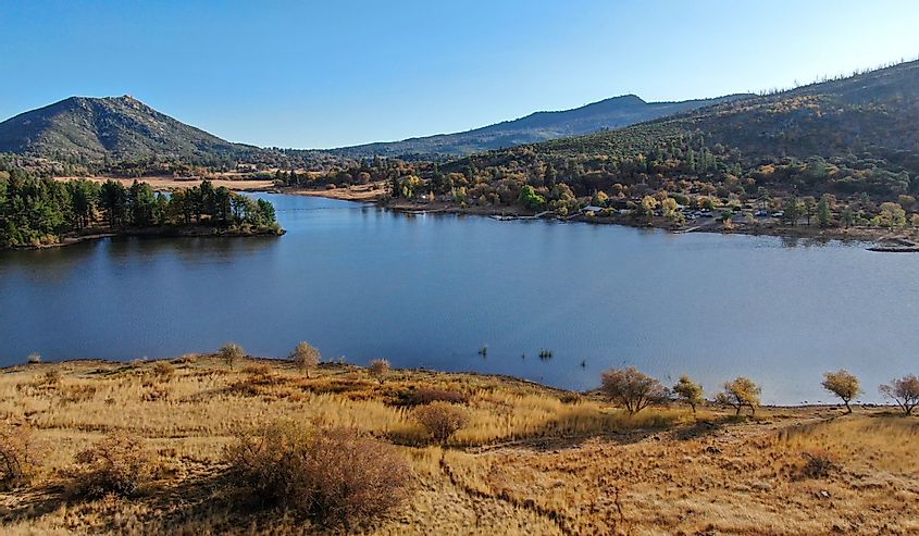 Aerial view of Lake Cuyamaca, 110 acres reservoir and a recreation area in the eastern Cuyamaca Mountains, located in eastern San Diego County, California
