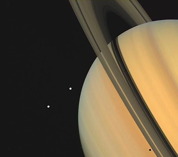 Voyage 1 photo of Saturn and its moons (NASA on The Commons, No restrictions, via Wikimedia Commons)