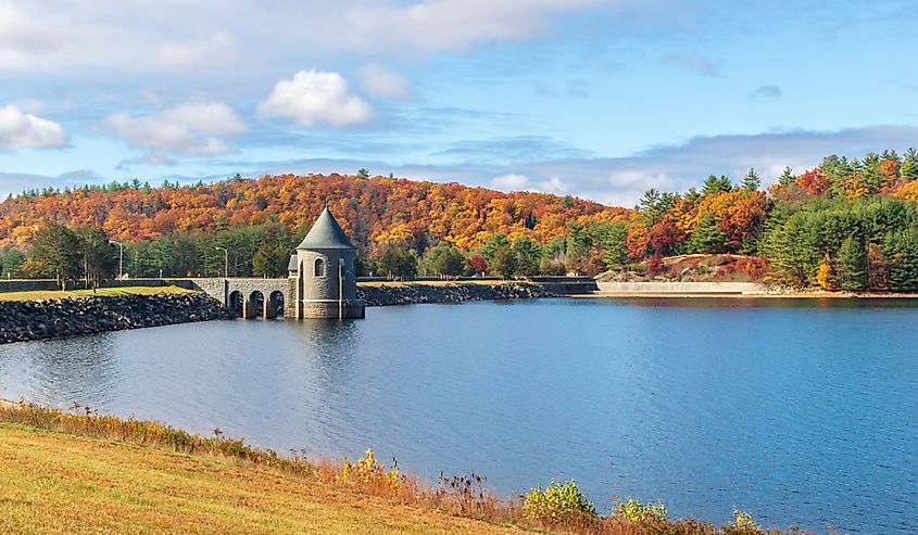 Saville Dam on a sunny fall day in the Litchfield Hills.