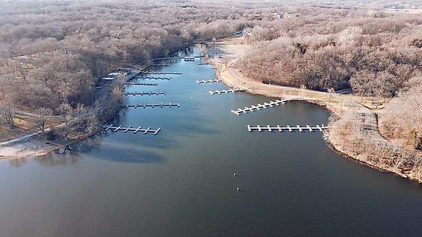 Wyandotte Lake, with the docks in view, at Wyandotte County Lake Park