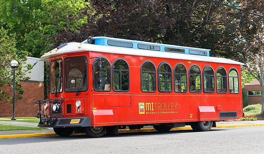 Monmouth Independence Trolley colorful red local bus service in central Oregon.