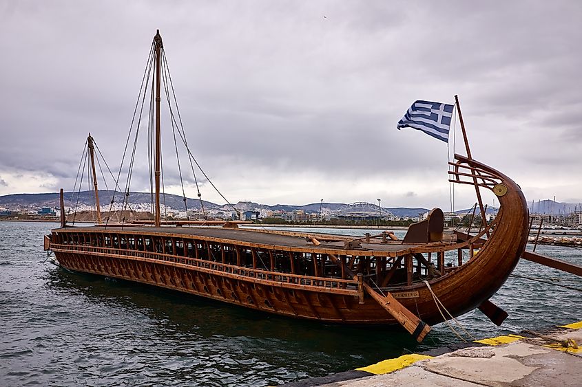 The Greeks used triremes in naval battle, like this full-scale replica "The Olympus". 