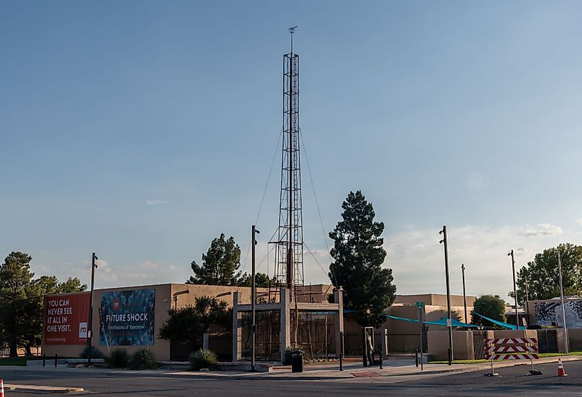 Corner view of the exterior of the Roswell Museum at sunset.