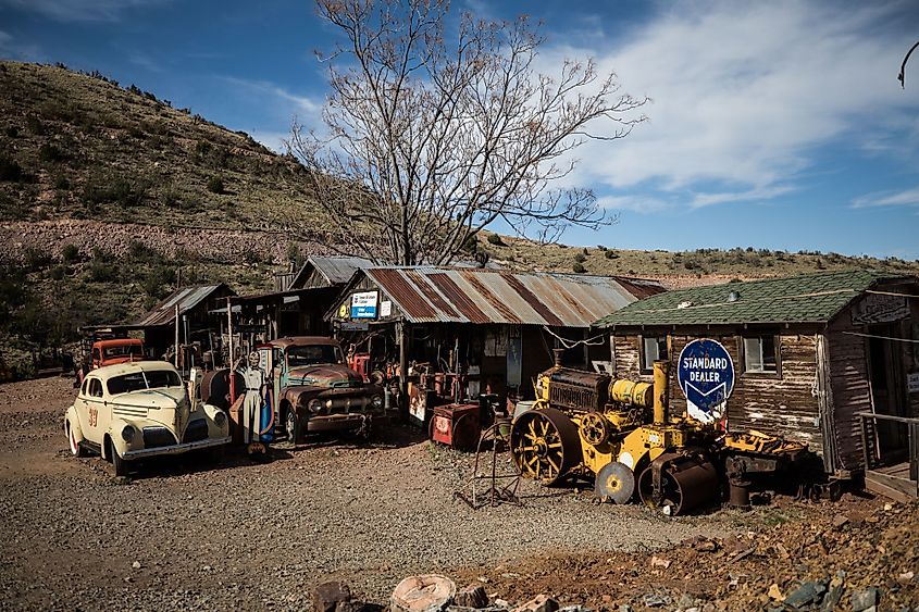 The Gold King Mine in Jerome, Arizona, is home to dilapidated buildings, an old mine, and an extensive collection of old autos, trucks, antiques, and relics.