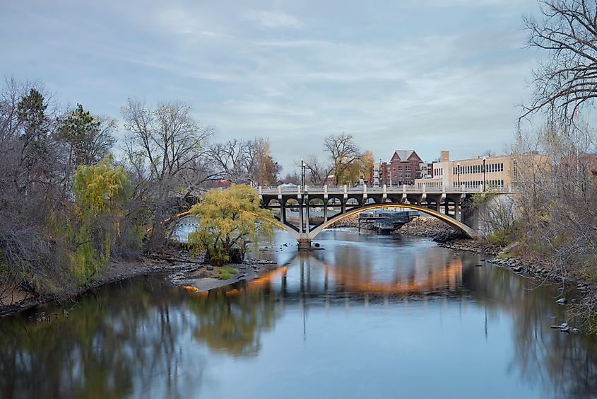 Bridge spanning the calm Rum River in Anoka, Minnesota