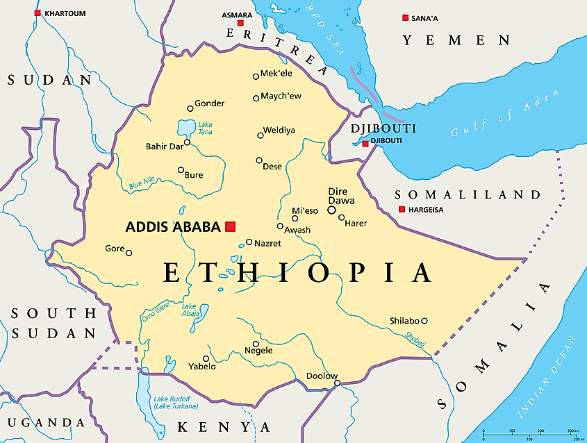 Map of Ethiopia with bordering countries.