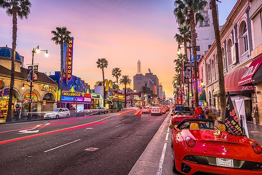 Traffic on Hollywood Boulevard at dusk. 
