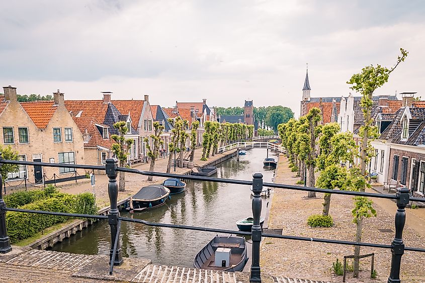 Old Dutch town of Sloten in Friesland, Netherlands, with historic canals