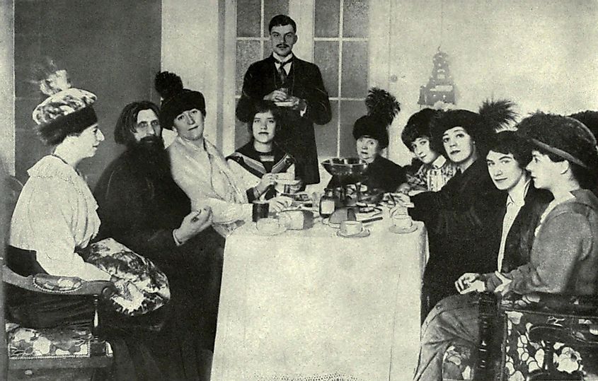 Rasputin, the favorite of the Russian Empress, with women admirers, 1911. 