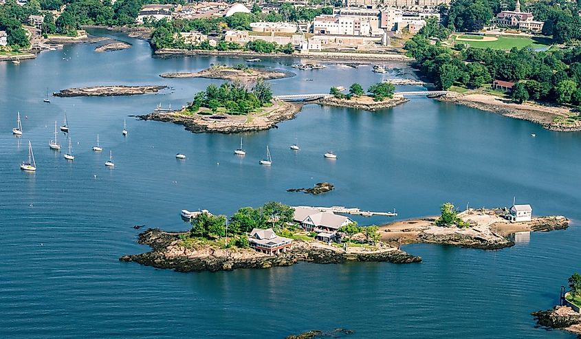 Aerial view of New Rochelle New York harbor and coastline