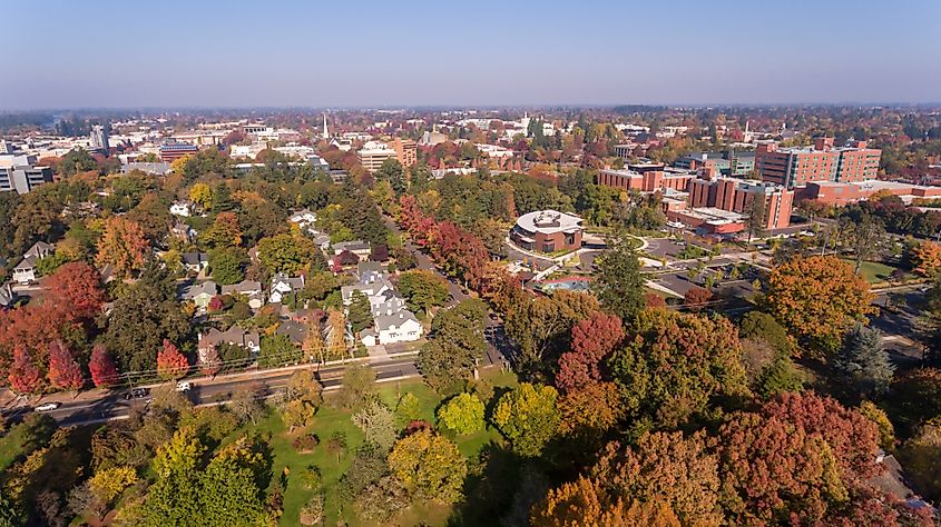 Aerial view above Salem Oregon in the Fall season
