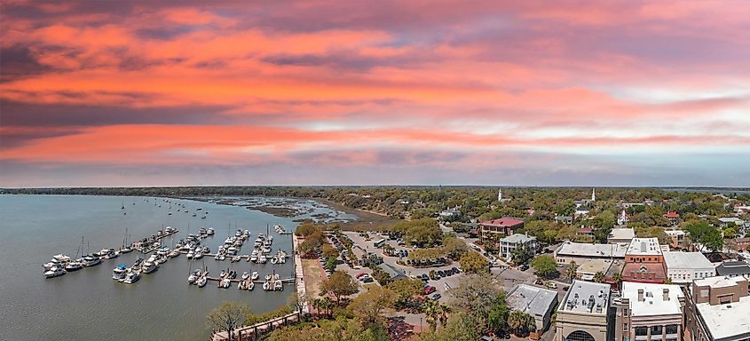 Aerial view of Beaufort, South Carolina at sunset