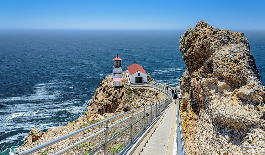 Point Reyes Lighthouse, ladder steps down to a lighthouse on the rock. San Francisco area, California, USA