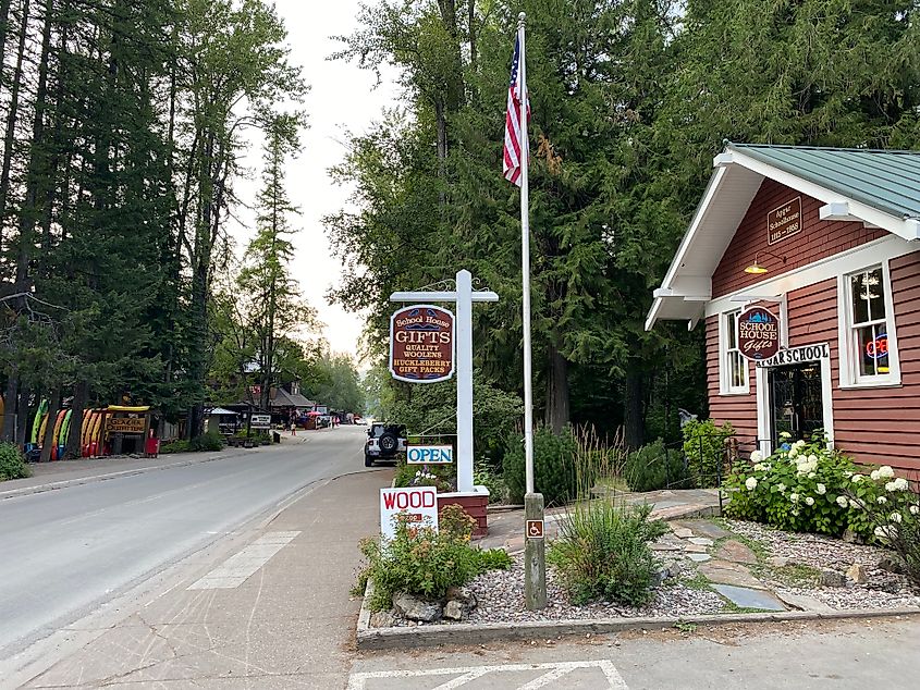 A former schoolhouse turned gift shop on a forest road in Glacier National Park.