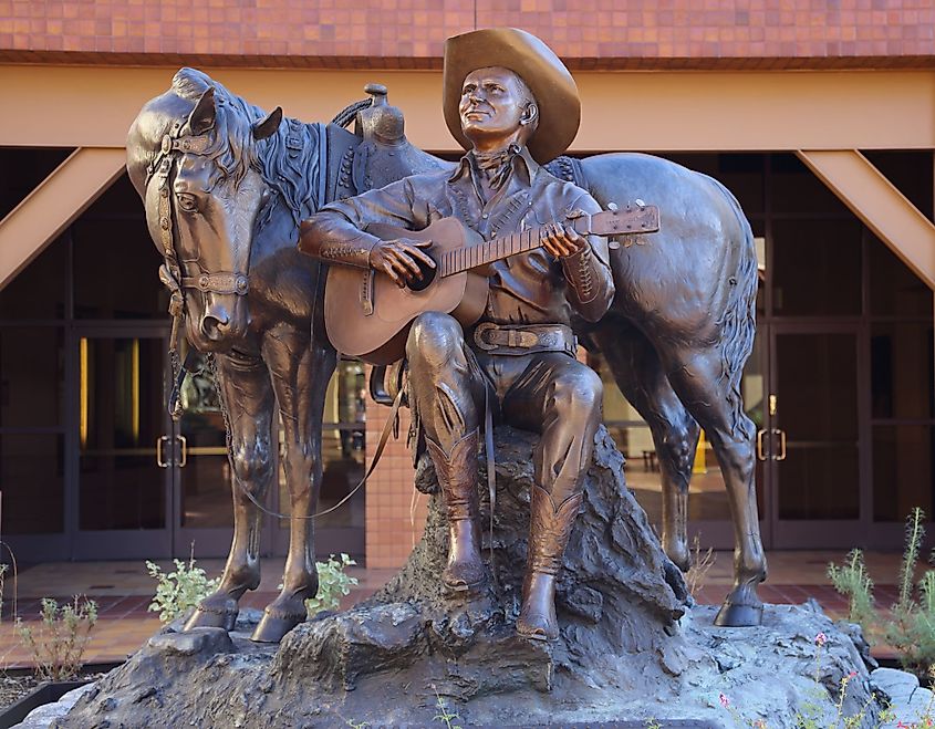 A statue of Gene Autry and his horse at the Autry Museum of the American West in Los Angeles, California