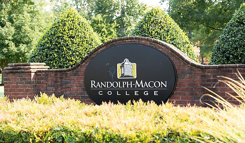 A close-up photo of a sign for Randolph Macon College in Ashland Virginia.