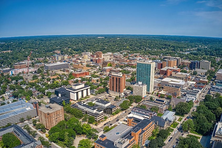 Aerial View of Downtown Ann Arbor, Michigan in Summer