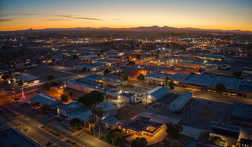 Aerial View of Downtown Blythe California at Dusk in the Imperial Valley