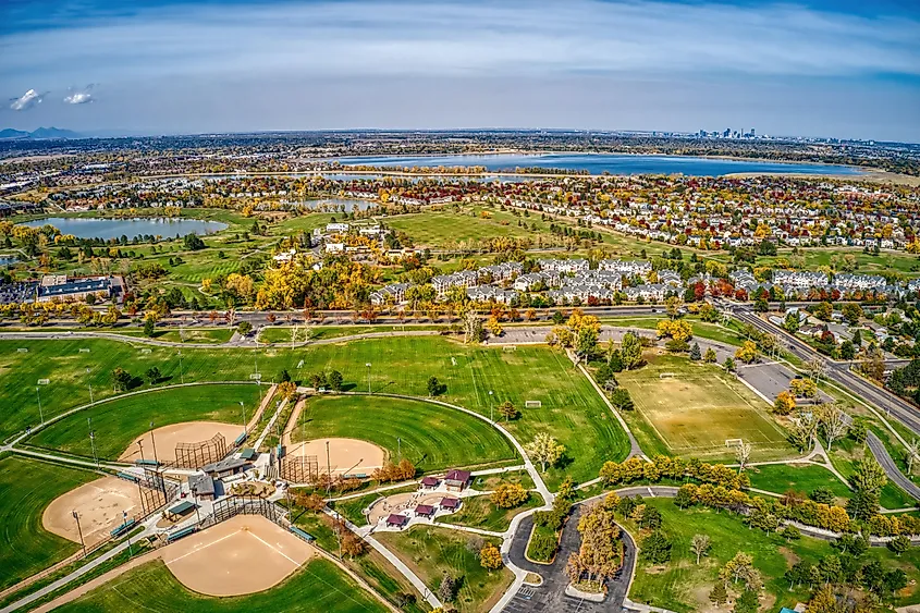Aerial View of Autumn Colors in Denver Suburb of Englewood, Colorado.