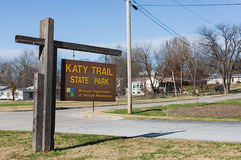A sign for Katy Trail State Park in Rocheport, Missouri. Editorial credit: Logan Bush / Shutterstock.com