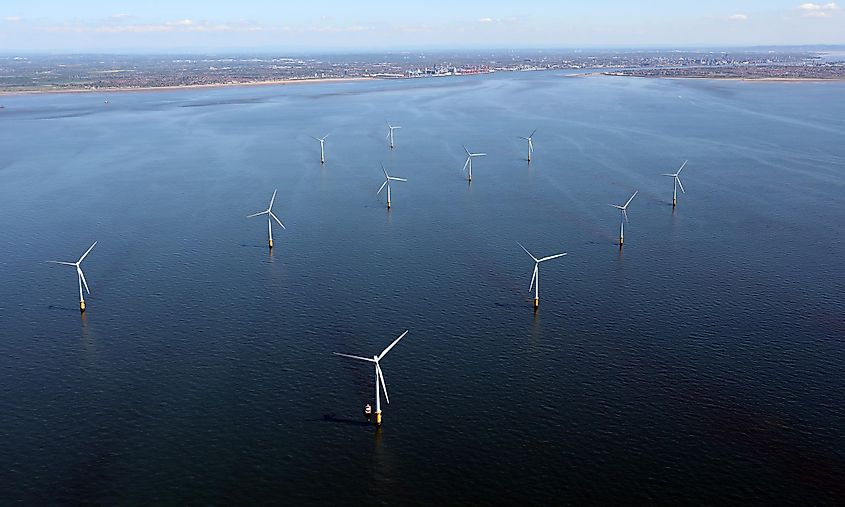 Windmills dotting the Irish Sea.
