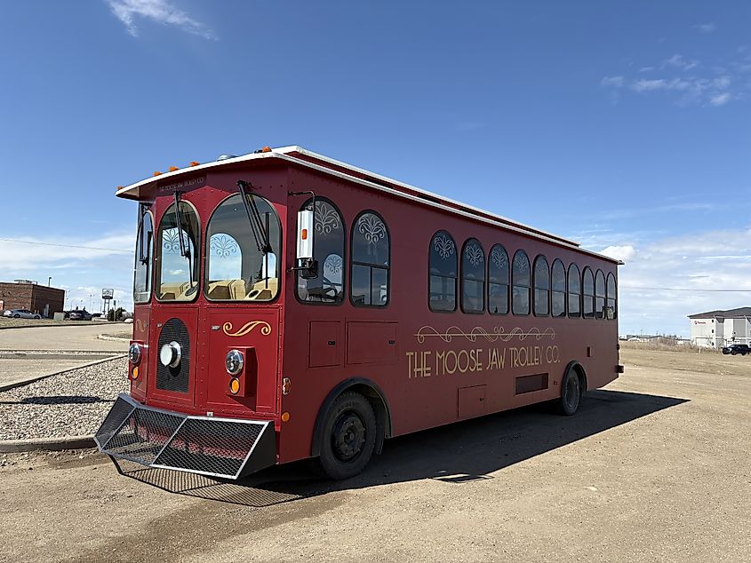 Classic red Moose Jaw Trolley in Moose Jaw, Saskatchewan